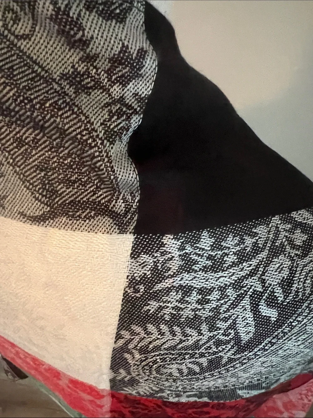 pashmina | Black, White, Red & Green Paisley Patch Scarf Wrap Sz 76” L x 27” W